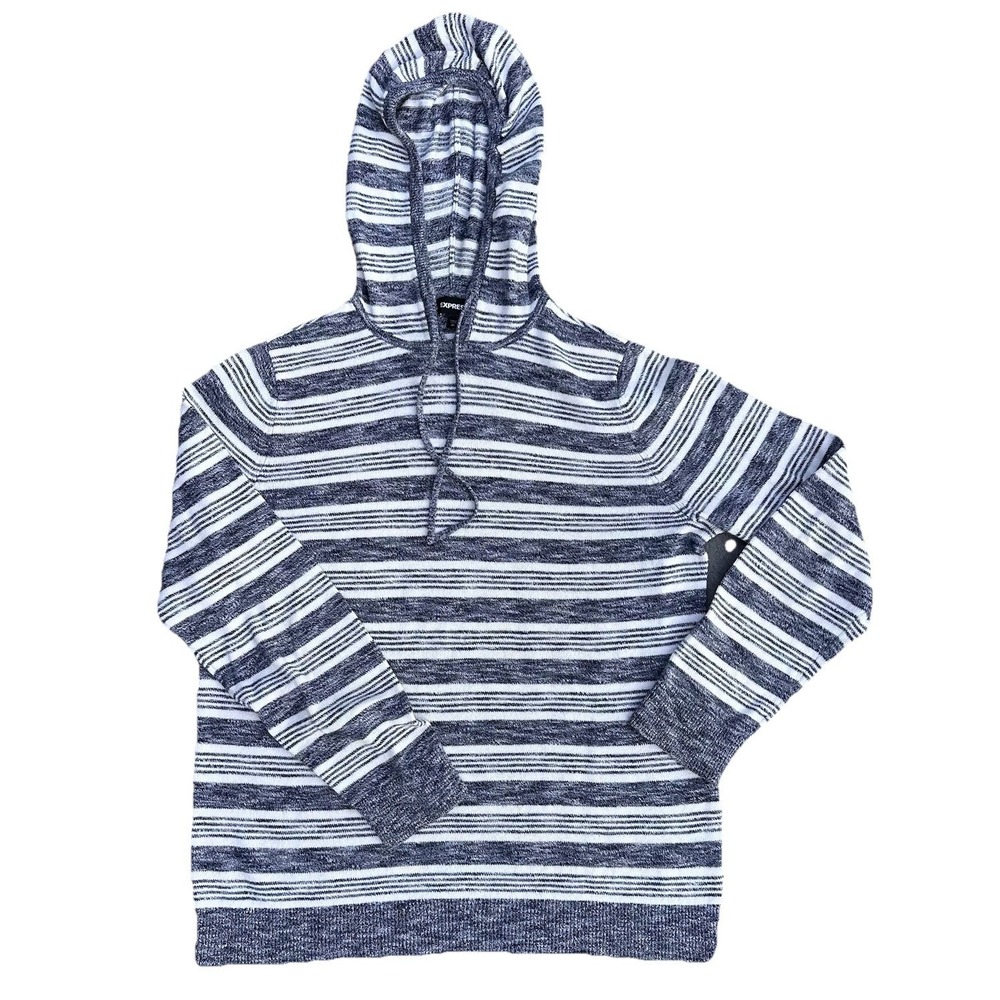 Mens Express Gray Striped Hooded Sweater 100% Cotton Long Sleeve Size M